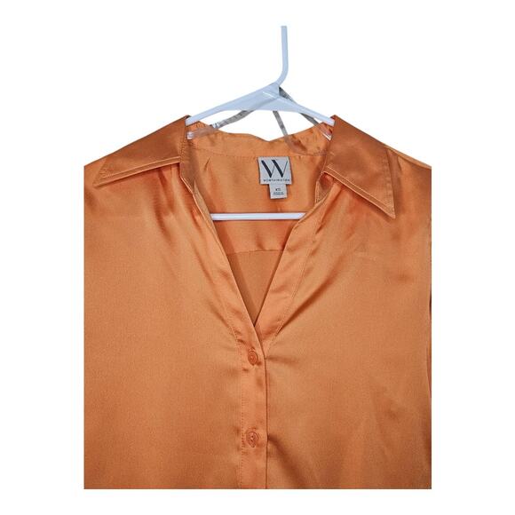 NEW Women's Worthington Satin Long Sleeve Button-Down Shirt in Orange (Size: XS) - Picture 2 of 9